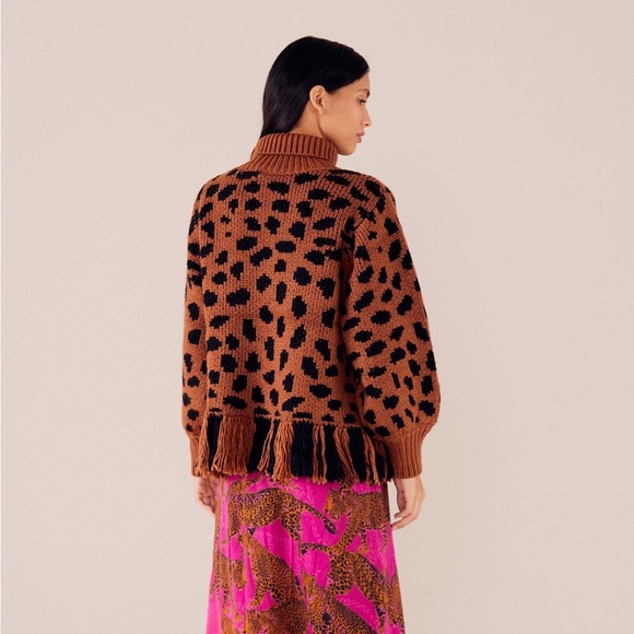 NWT FARM Rio Caramel Leopard Turtleneck Wool Sweater Knit Fleece Pullover XS - Picture 3 of 15